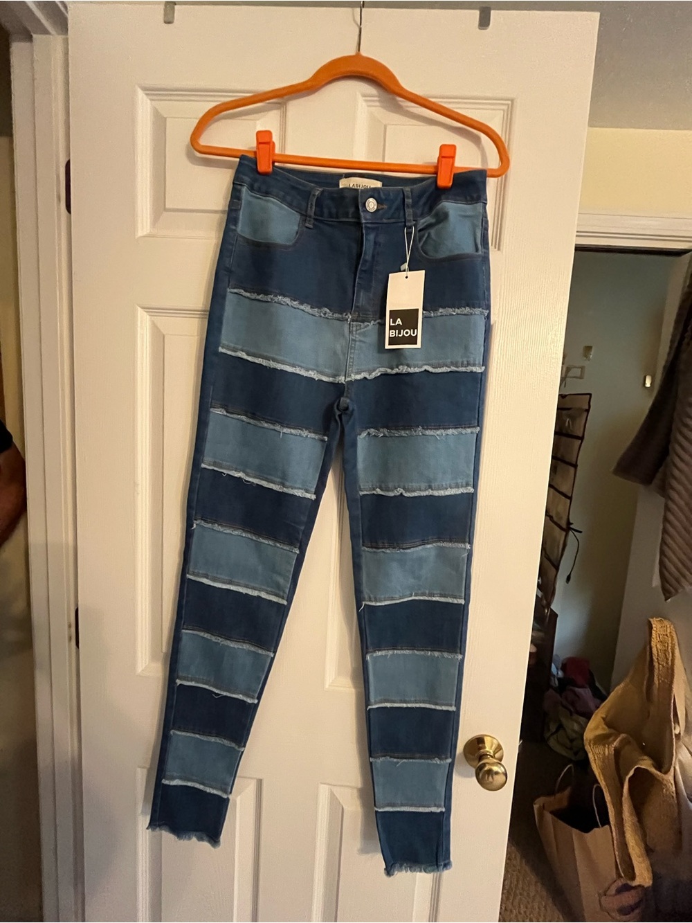 Patchwork Stripe High-Rise Skinny Jeans - Blue